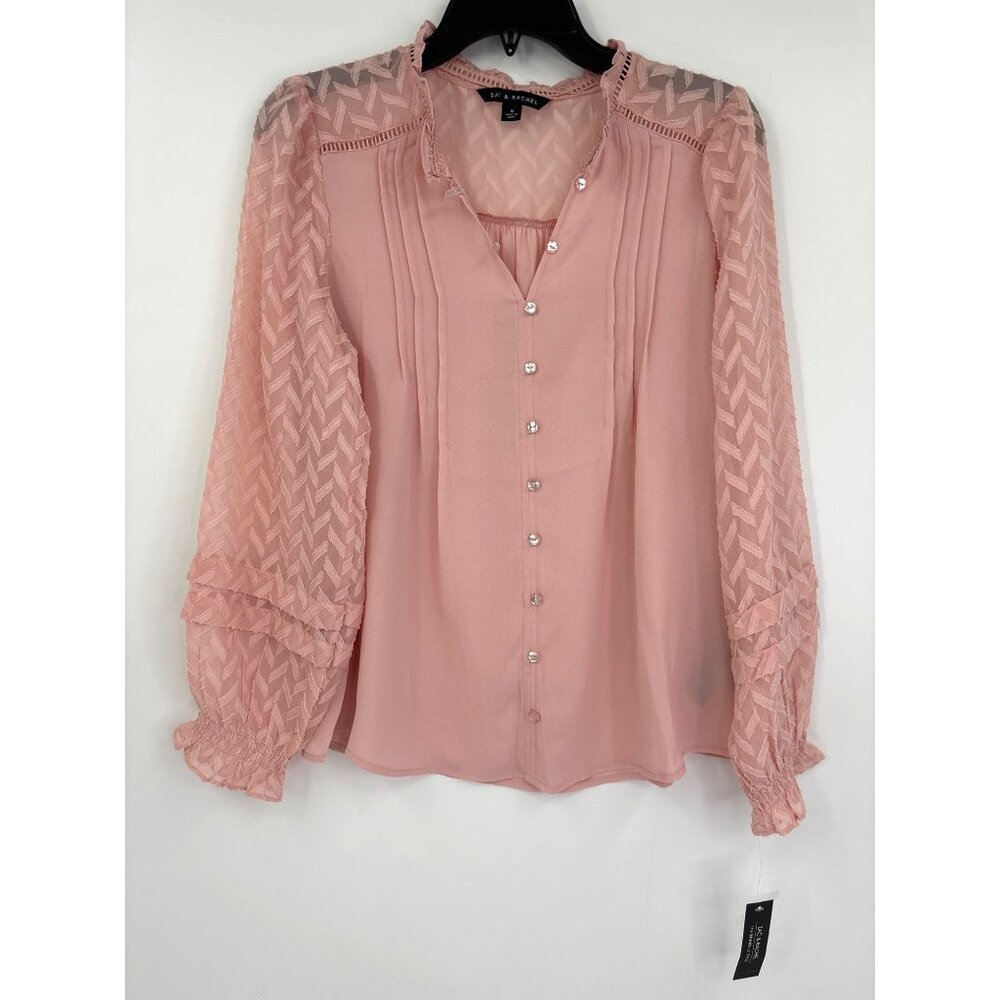 Zac & Rachel Chiffon Button Long Sleeve Blouse Pink Medium New